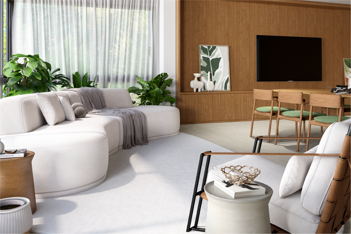Mueble bajo TV a medida con objetos de decoración